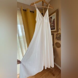 Vintage Boho Minimalist White Bridal Slip Dress with Deep V and Lace Detail